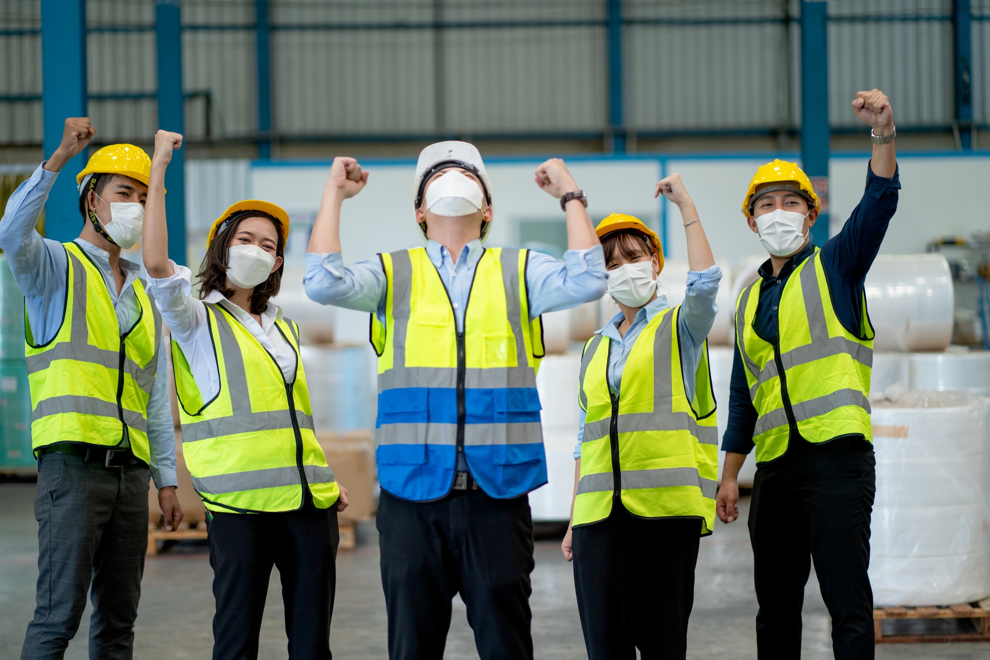 Group of warehouse worker with uniform and hygiene express happiness emotion