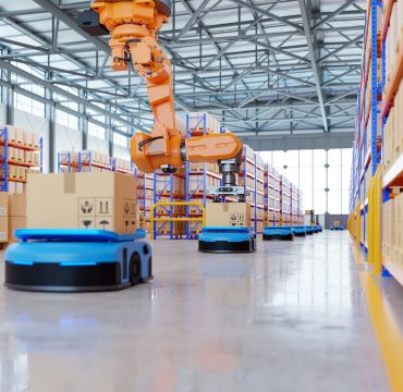 Robotic arm for packing with producing and maintaining logistics systems using Automated Guided Vehicle (AGV),3d rendering